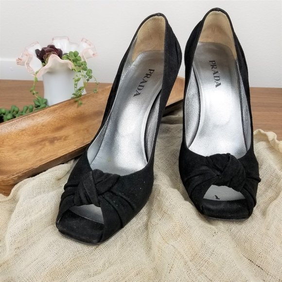 PRADA Suede Peep-Toe Wedges - Picture 1 of 8